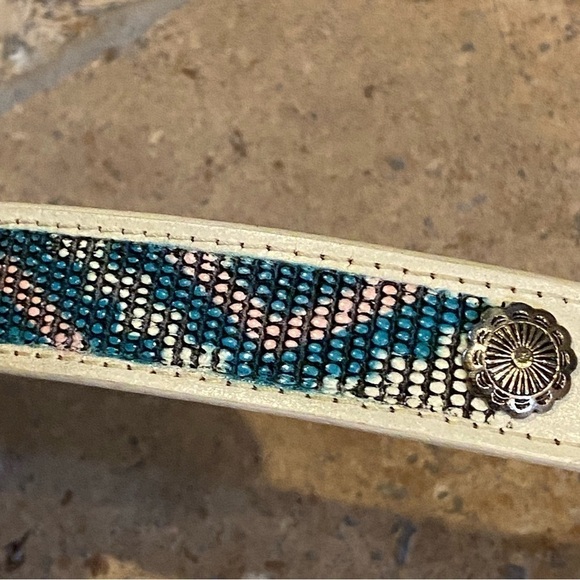 Vintage White Leather Beaded Style Western Boho Silver Buckle Belt 34.5 Inch - Picture 3 of 8